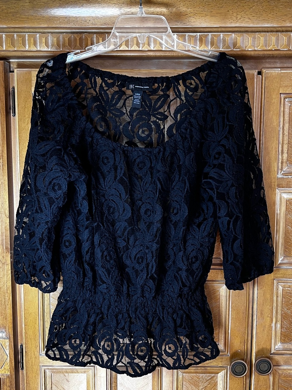 INC International Concepts Black Floral Lace Peplum Top 3/4 Sleeve Size L